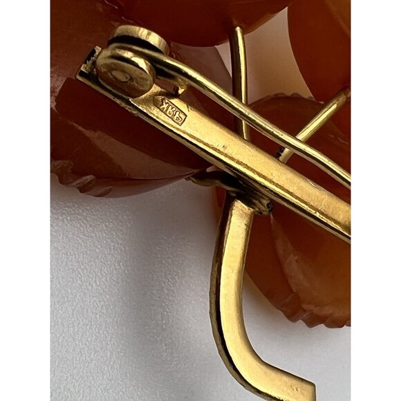 Vintage Amber 4 Leaf Brooch Russia Hallmark 6.21 Grams. - Picture 5 of 8